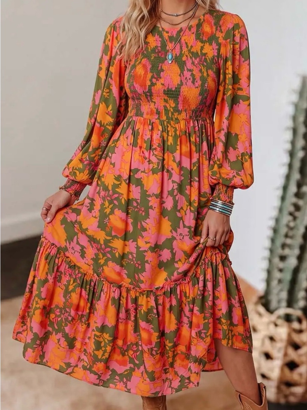 NWT Floral Long Sleeve Midi Dress in Olive with Pink & Orange